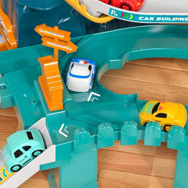 Close-up of a toy car on a vibrant dinosaur race track, fun activity toy for children