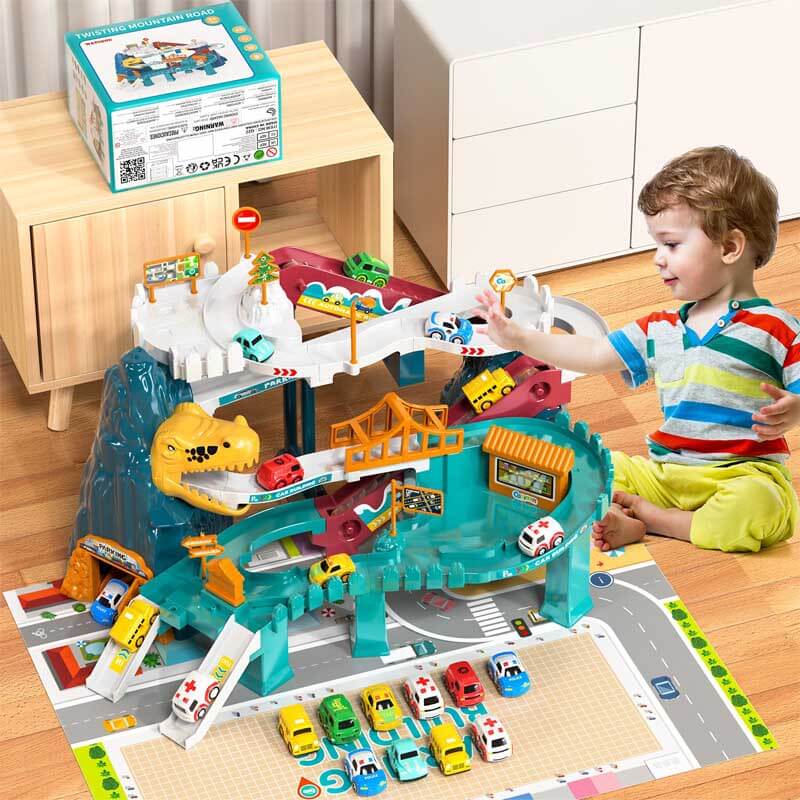 Happy child assembling the Kids' Dinosaur Adventure Race Track, promoting imaginative play