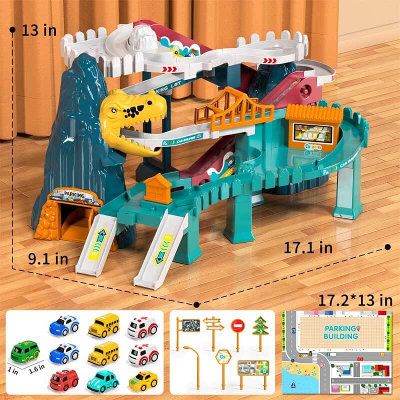 Durable plastic Dinosaur Race Track Set with mini dinosaur figures and toy vehicles, educational fun