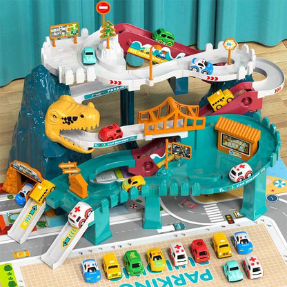 Boys and girls enjoying an interactive Dinosaur Adventure Race Track, perfect preschool activity toy