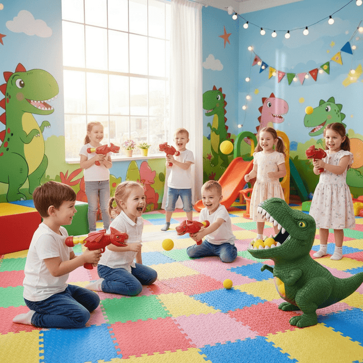 Children's dinosaur blaster toy. Features a target & soft foam balls for safe, active shooting game fun.