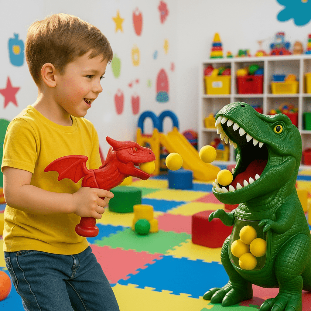 Dinosaur shooting game for kids with blaster & soft foam balls. Great for target practice & active play.