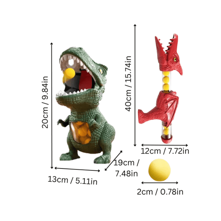 Brightly colored dinosaur toy blaster with soft foam balls for a fun & safe kids' shooting game.