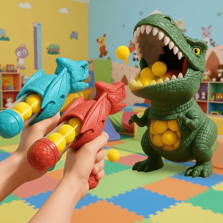 Active play dinosaur blaster game for kids. Includes soft foam balls, perfect for indoor & outdoor target fun.