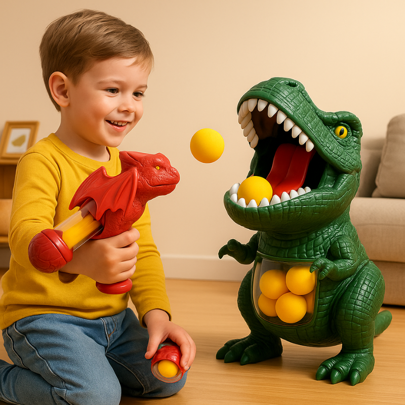 Kids dinosaur blaster toy set with T-Rex, Triceratops, and foam balls for active outdoor play.