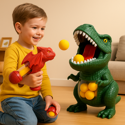 Kids dinosaur blaster toy set with T-Rex, Triceratops, and foam balls for active outdoor play.