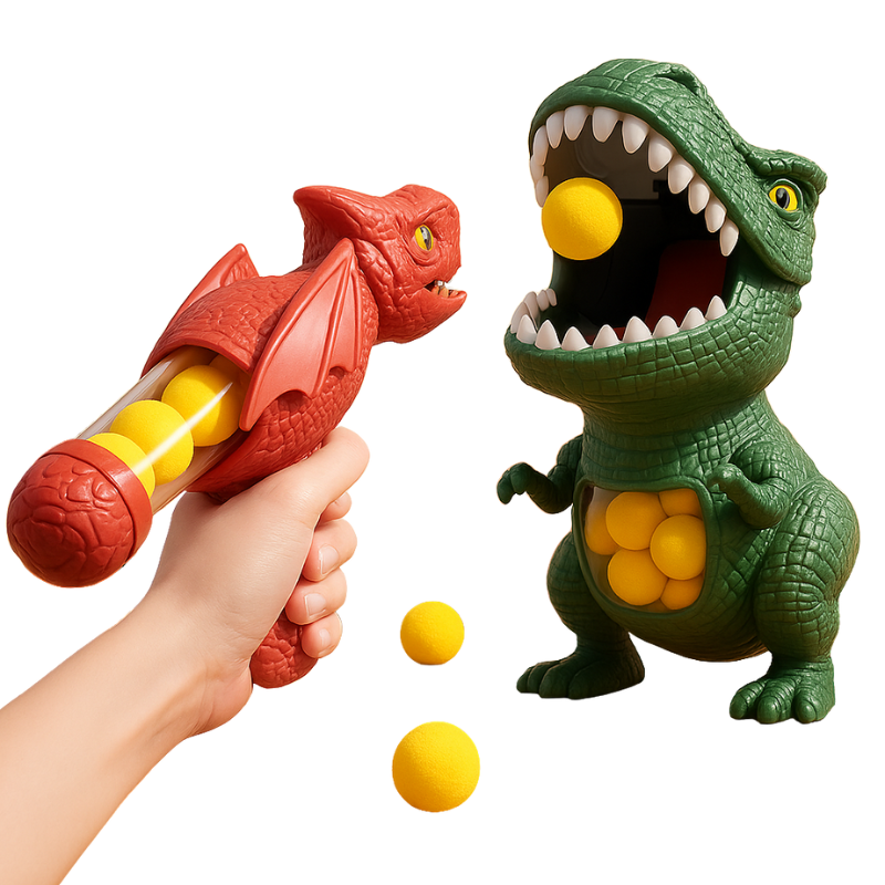 Toddler playing with green Triceratops dinosaur blaster and foam balls, an educational outdoor toy.