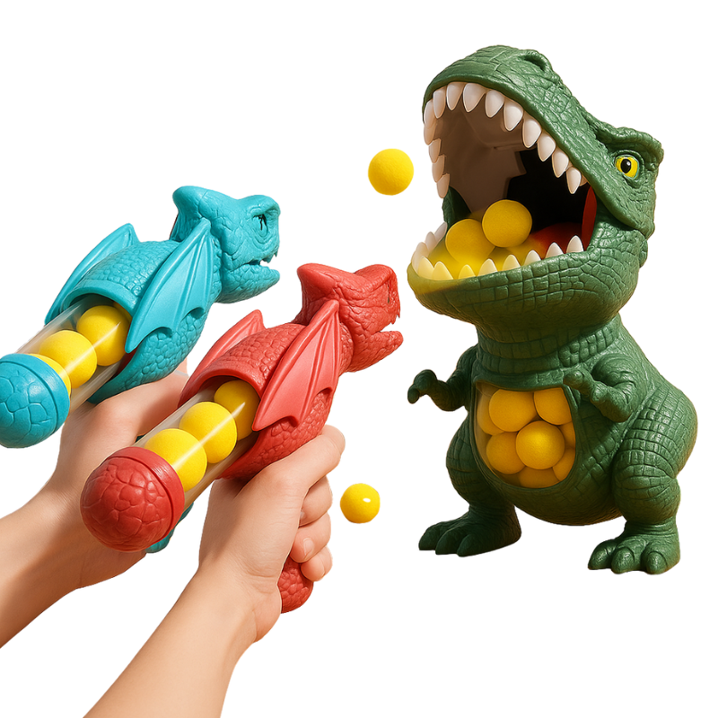 Colorful dinosaur blaster toy set with various dinos and foam balls, perfect for a kids' shooting game.