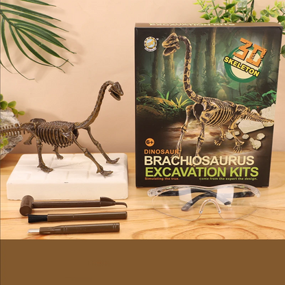 Child using a brush and chisel to uncover a dinosaur bone in their excavation kit
