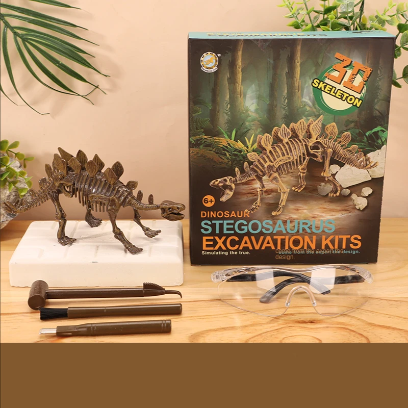 Educational dinosaur digging kit for children showing fossil bones partially unearthed