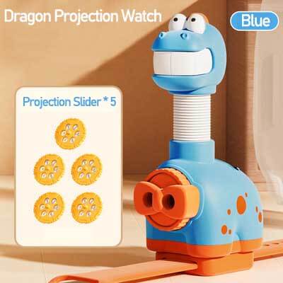 Child happily playing with a dinosaur projection watch, enjoying outdoor fun and interactive features