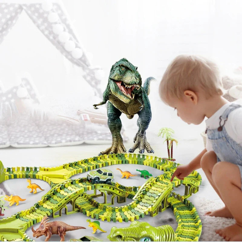 Kids' dinosaur race track set with colorful toy cars, flexible tracks, and prehistoric scenery for creative play