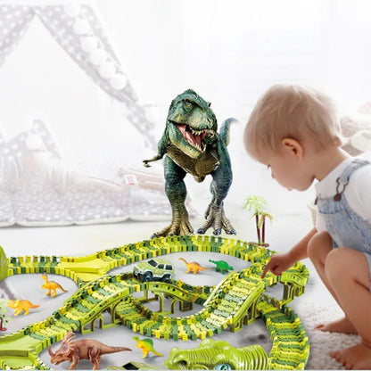 Kids' dinosaur race track set with colorful toy cars, flexible tracks, and prehistoric scenery for creative play
