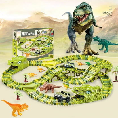 Educational dinosaur race track toy for children, featuring buildable puzzle pieces and toy cars on an adventure track