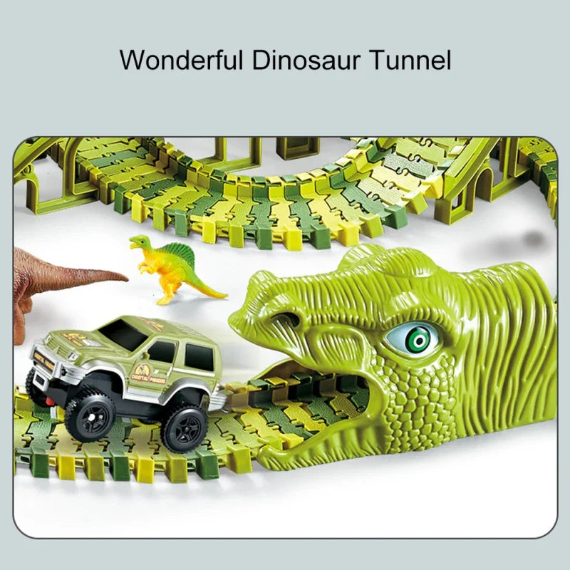 Dinosaur-themed race track set with multiple toy cars and easy-to-assemble track pieces, perfect for young kids