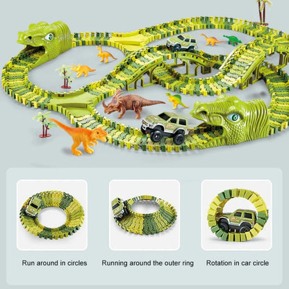 Vibrant dinosaur race track toy set, including flexible track pieces, toy cars, and dinosaur figures for endless fun