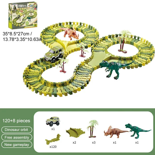 Race track toy set for kids, featuring dinosaurs, bright tracks, and toy cars for imaginative, educational play