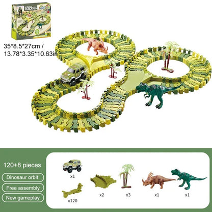 Race track toy set for kids, featuring dinosaurs, bright tracks, and toy cars for imaginative, educational play