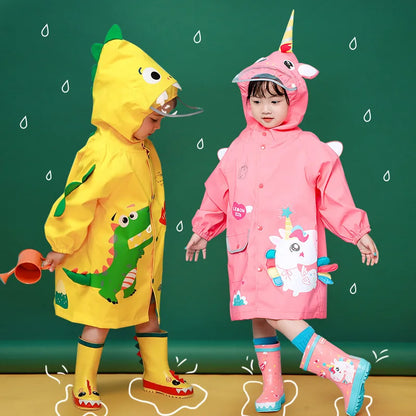 Kids' dinosaur raincoat in green, a playful waterproof jacket for toddlers