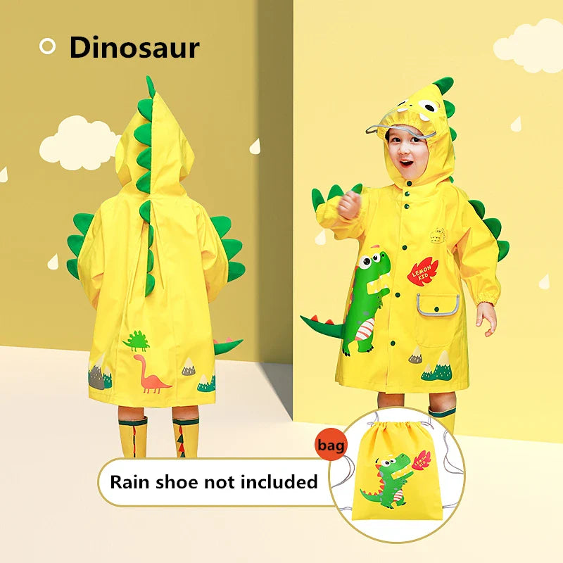 Close-up of kids' unicorn animal raincoat hood, highlighting 3D horn detail