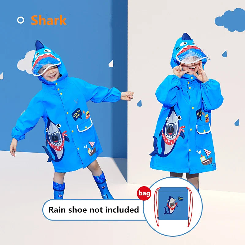 Group of children wearing various animal raincoats, playful and waterproof outerwear
