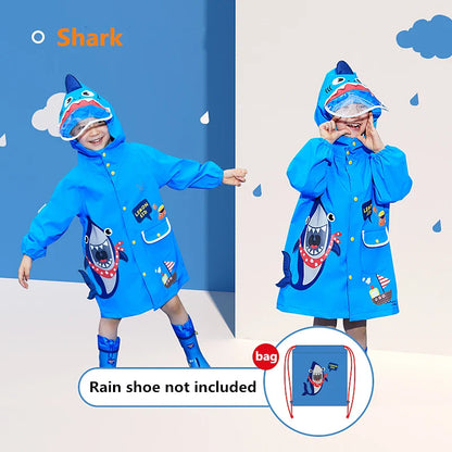 Group of children wearing various animal raincoats, playful and waterproof outerwear
