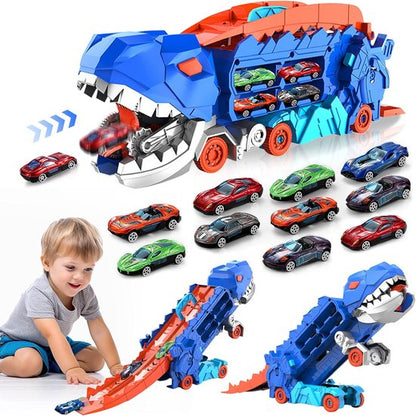 Kids' dinosaur transport truck and toy car set for creative play, educational fun, and childrens gift.