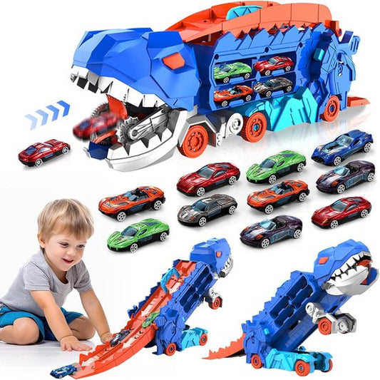 Kids' dinosaur transport truck and toy car set for creative play, educational fun, and childrens gift.