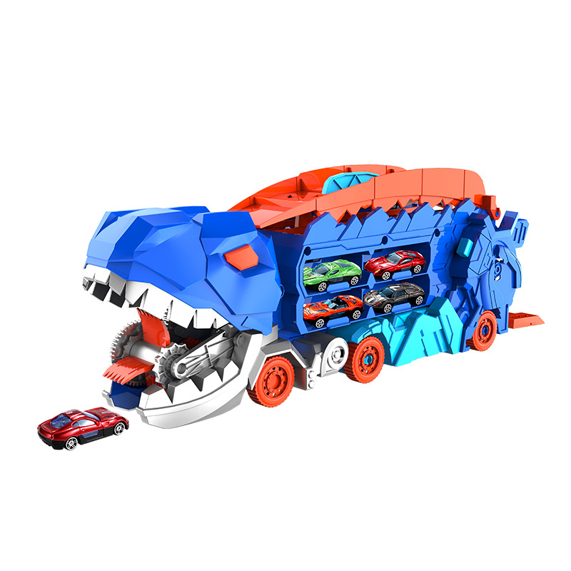 Dinosaur toy truck carrying small dino cars, a perfect storage toy for kids' play.
