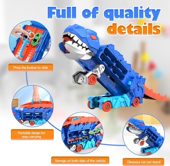 Colorful dinosaur transport truck with realistic details, part of a fun kids' car set.