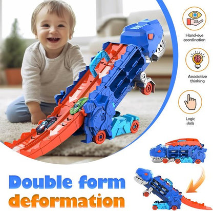 Children playing with a dinosaur truck and multiple toy cars, promoting creative play and learning.