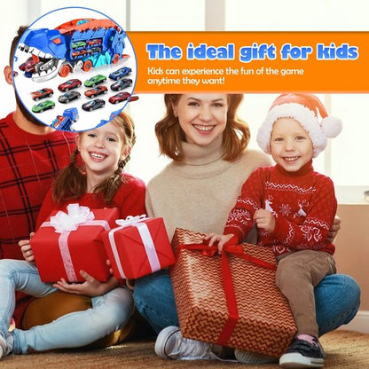 Close-up of the dinosaur head detail on the transport truck, a key feature of this kids' toy.