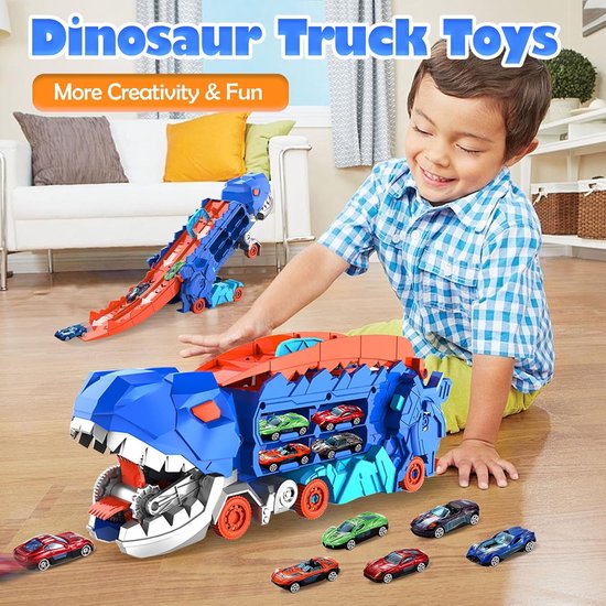 Complete set of dinosaur transport truck and various toy cars, ideal for a childrens gift.