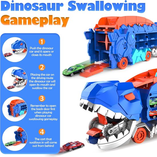Dino truck with large wheels and integrated storage for smaller dinosaur toy cars, kids' play.