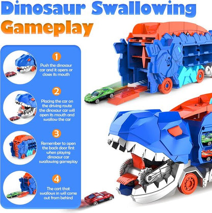 Dino truck with large wheels and integrated storage for smaller dinosaur toy cars, kids' play.