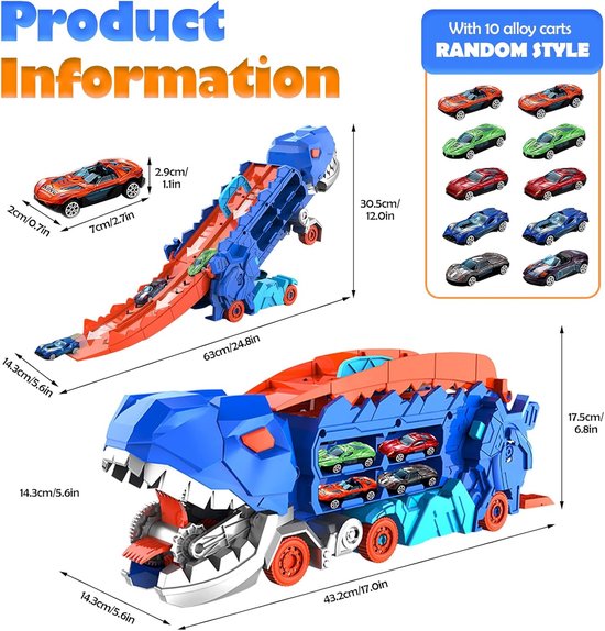 Educational toy set featuring a dinosaur transport truck for imaginative play and car organization.