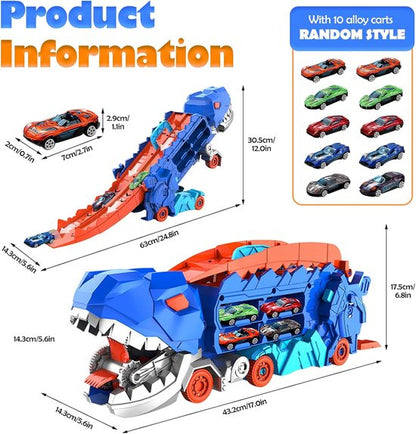 Educational toy set featuring a dinosaur transport truck for imaginative play and car organization.