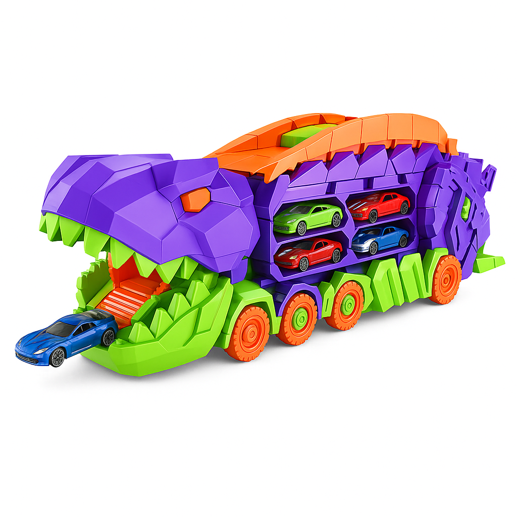 Side view of the dinosaur toy truck, showing off its capacity for multiple toy cars for kids' fun.
