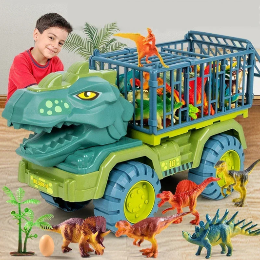 Kids' dinosaur transport truck playset with large green T-Rex loading toy, perfect for imaginative play.