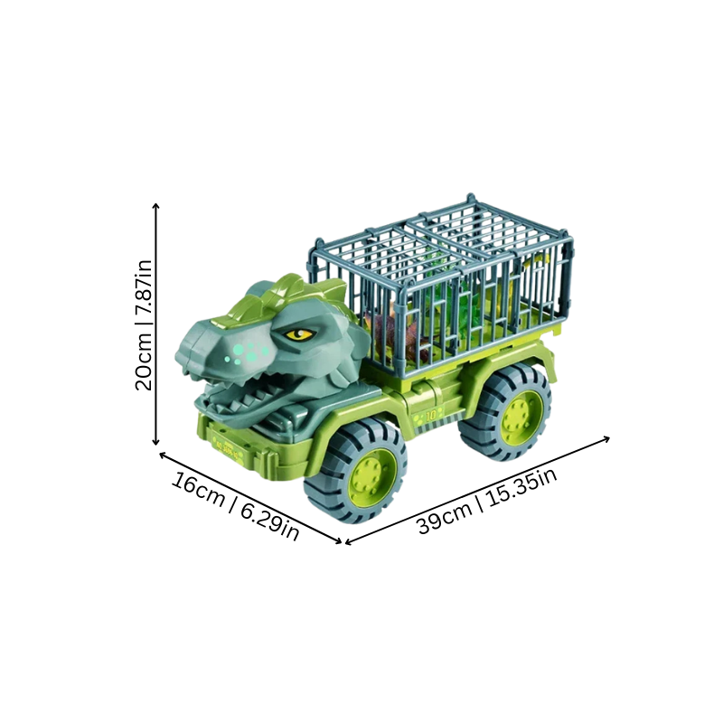 Dinosaur truck toy for kids featuring a blue transport vehicle carrying small colorful dinosaurs, educational for toddlers.
