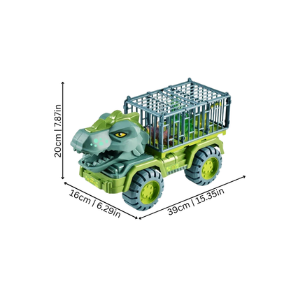 Dinosaur truck toy for kids featuring a blue transport vehicle carrying small colorful dinosaurs, educational for toddlers.