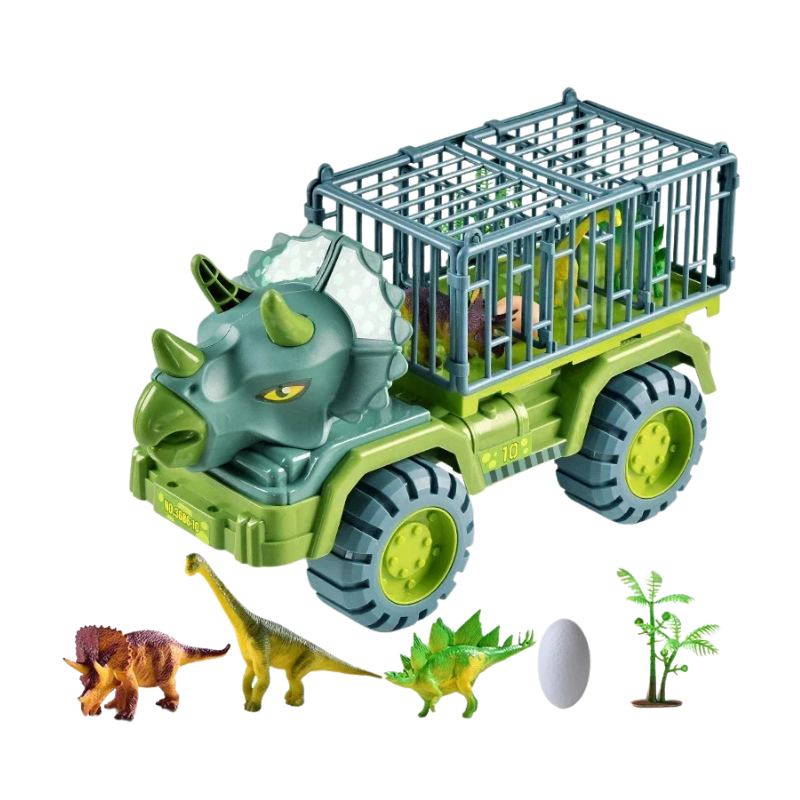 Close-up of kids' dinosaur toy transport truck, showcasing detailed prehistoric animal figures inside the vehicle.
