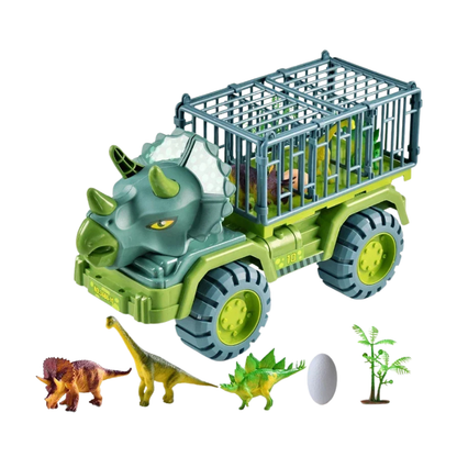 Close-up of kids' dinosaur toy transport truck, showcasing detailed prehistoric animal figures inside the vehicle.
