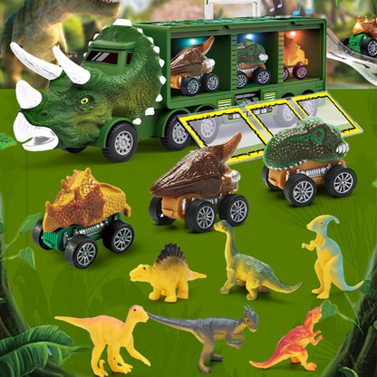 Kids' dinosaur transport truck toy with 6 dino figures, promoting imaginative play for boys and girls.