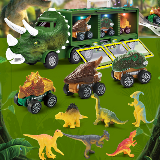 Kids' dinosaur transport truck toy with 6 dino figures, promoting imaginative play for boys and girls.