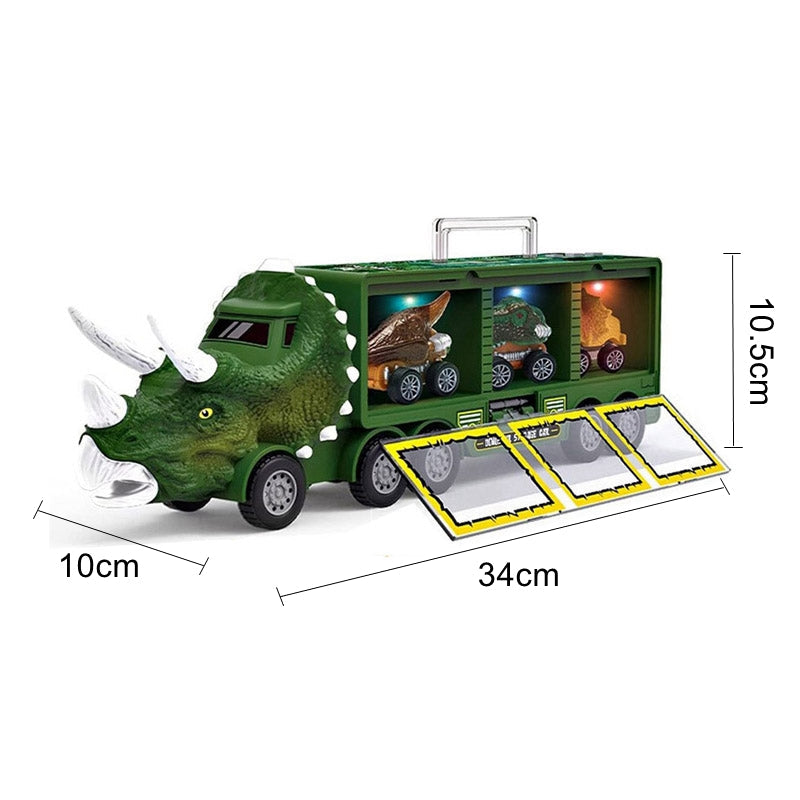 Educational dinosaur truck toy with a green carrier and multiple colorful dino figures for sorting and stacking fun.