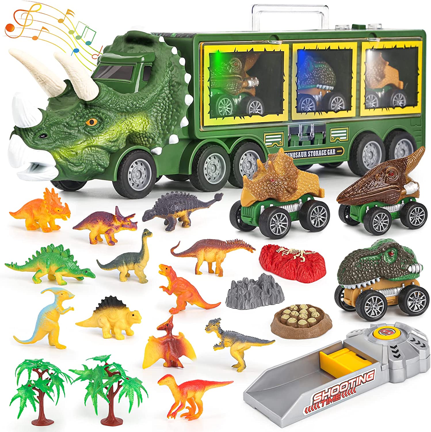 Toy vehicle dinosaur truck with six assorted dino figures, perfect for imaginative play and collecting.