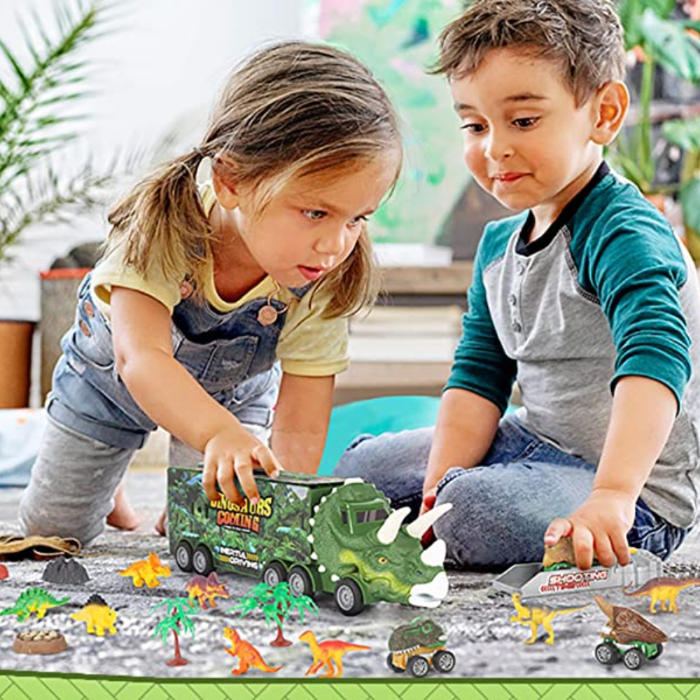 Vibrant dinosaur transport truck and dino figures playset, an ideal boys and girls toy for educational fun.