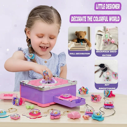 Child's hand applying a colorful 3D sticker from the DIY craft kit, enhancing fine motor skills and creativity