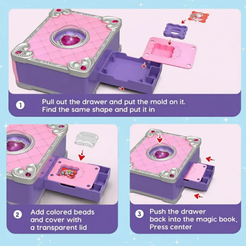 Girl proudly displaying handmade necklace and stickers from Kids DIY 3D Stickers & Jewelry Craft Kit, educational play